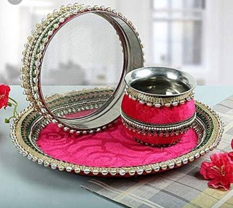 Karva Chauth Thali Decoration, Karva Chauth Thali, Puja Thali, Wedding Platters, Thali Decoration, Goddess Makeup, Thali Decoration Ideas, Karva Chauth, Patterns Flowers