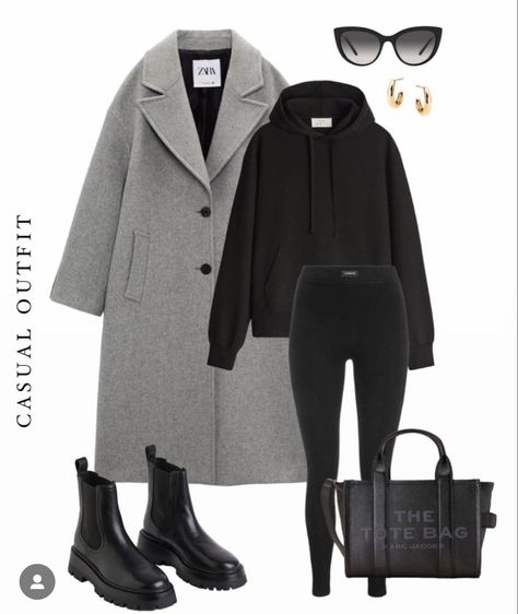 Winter Coat With Dress, Grey Wool Coat Outfit Winter, Zara Women Outfits 2024, Zara 2024 Winter, Casual Autumn Outfits 2023, Gray Peacoat Outfit, Zara Coat Outfit, Winter Coat Outfits Casual, Outfit Inspirations Winter Casual