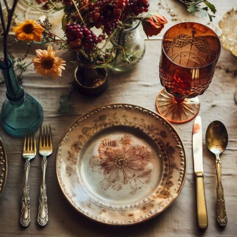 Dishfunctional Designs: Thanksgiving Place Setting Ideas & Inspiration Thanksgiving Cottagecore, Thanksgiving Dinner Set Up, Cottagecore Tablescape, Cottagecore Table Setting, Gold Flatware Table Setting Thanksgiving, 2022 Thanksgiving Table Settings, Fall Place Settings, Thanksgiving Table Spode, Thanksgiving Table Place Settings