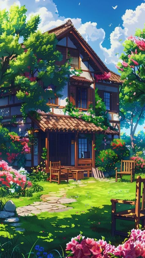 Anime Traditional House, Anime House Exterior, Anime Countryside, Anime Aesthetic Landscape, Anime Garden, Paintings Of Houses, Landscape Anime, Collage Items, Anime Land