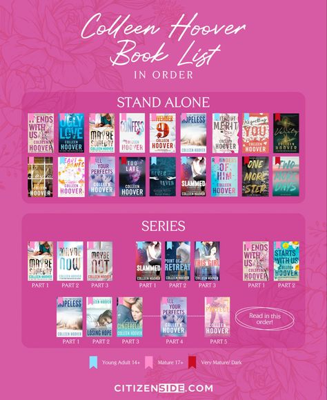 Colleen Hoover Books List In Order, Collen Hover All Books List, Tessa Bailey Books List, Colleen Hoover Book Checklist, Collen Hoover Books To Read, Adult Romance Books To Read, Colleen Hoover Books List, Colleen Hoover Books In Order, Romance Books For Teens