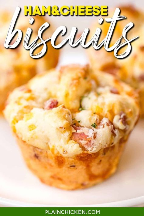 Muffin Cup Ham and Cheese Biscuits - Plain Chicken Ham And Bisquick Recipes, Bisquick Ham And Cheese Biscuits, Ham And Cheese Biscuits, Biscuit Cups, Queso Cheddar, Cheese Biscuits, Muffin Tin Recipes, Deep Dish Pizza, Breakfast Muffins