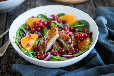 Vibrant Duck, Orange and Pomegranate Salad Duck Orange, Pomegranate Recipes Salad, Duck Salad, Pomegranate Salad, Orange Salad, How To Roast Hazelnuts, Duck Recipes, Poultry Recipes, Healthy Salad Recipes