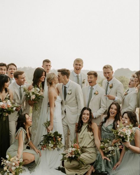 Beige Tux With Sage Green, Suits For Green Wedding, Tan Suit Groomsmen Green Bridesmaid, Beige And Sage Groomsmen Suits, Tan Suits With Sage Green, Green Wedding Bridesmaids And Groomsmen, Sage Green Bridesmaid Dresses With Tan Suits, Tan Suit Sage Tie, Bridal Party Photos Sage Green