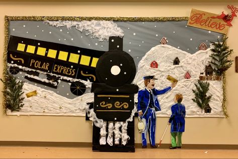 Bulletin board Dec 2021 Polar Express Bulletin Boards For School, Polar Express Window Display, Polar Express North Pole, Polar Express Bulletin Board Ideas, Christmas Train Bulletin Board Ideas, Polar Express Office Theme, Polar Express Bulletin Board, Polar Express Hallway Decorations School, Polar Express Wall Decorations