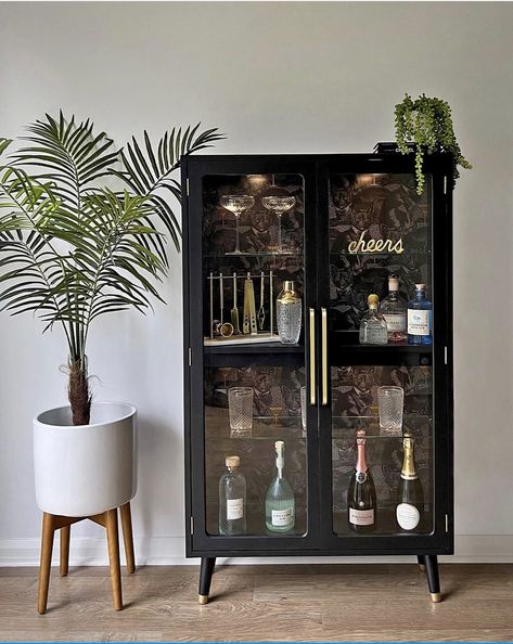 Minibar Living Room, Bar Curio Cabinet, Tall Narrow Bar Cabinet, Bar Glassware Storage Ideas, Living Room With Wine Rack, Alcohol Cabinet Ideas Living Room, Bar Display Cabinet, Small Bar Cabinet Ideas, Modern Liquor Cabinet