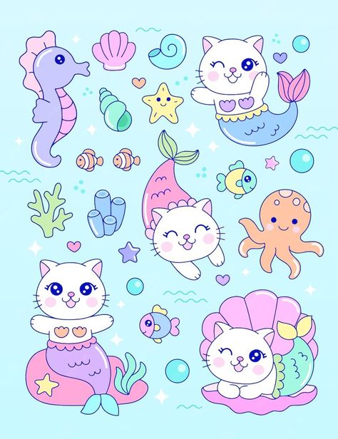 Premium Vector | Cute colorful mermaid cat stickers illustration Kawaii Sea Animals, Sea Ponies, Stickers Illustration, Cat Mermaid, Colorful Mermaid, Mermaid Cartoon, Mermaid Cat, Book Cartoon, Mermaid Sticker