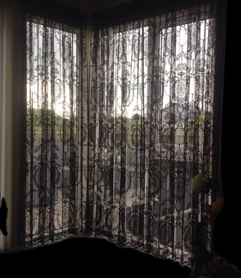 Goth Curtains Living Rooms, Black Lace Curtains Bedroom, Dark Cottagecore Curtains, Aesthetic Window Curtains, Witchy Curtains, Grunge Curtains, Sheer Black Curtains, Goth Curtains, Room Ideas Girly