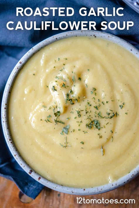 Roasted Garlic Cauliflower Soup?utm_source=12tomatoes Cauliflower Garlic Soup, Weight Watchers Cauliflower Soup, Roasted Garlic Cauliflower Soup, Garlic Cauliflower Soup, Hearty Winter Recipes, Ww Soup, Garlic Cauliflower, Pho Soup, 12 Tomatoes Recipes