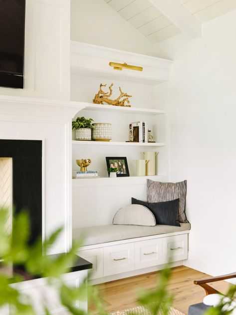 Ideas for Creating a Comfy Reading Nook | west elm Alcove Seating, Built In Around Fireplace, Living Room Nook, Sitting Nook, Built In Shelves Living Room, Living Room Built Ins, Fireplace Built Ins, Nook Ideas, Casa Country