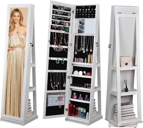 Amazon.com: BOSTANA Jewelry Armoire 65" H,Full Length Mirror 360° Swivel, Storage Shelves, Lockable Standing Jewelry Cabinet Organizer with Large Storage Capacity,living room,bedroom (white) : Clothing, Shoes & Jewelry Full Length Mirror With Storage, Mirror Jewelry Cabinet, Jewelry Armoires, Mirror Jewelry Storage, Mirror Jewelry, Standing Jewelry Armoire, Mirror Jewelry Armoire, Mirror Jewellery Cabinet, Jewelry Box Mirror