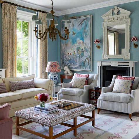 ADAM Architecture were commissioned to design a replacement extension and to complete additional alterations to this Grade II Listed Georgian House in Hampshire. Other interior alterations helped consolidate the replacement extension and better adapt the internal layout of the house into a modern family home. Interior Design by VSP Interiors Ltd. #interiors #design #classic #eclectic #chic #pastel #palette #living #room #lounge #traditional #cosy #feminine #fireplace #elegant #renovate Modern Georgian Interiors, Georgian Living Room, Adam Architecture, Modern Georgian, Pastel Living Room, Georgian Interiors, Room Extensions, Victorian Farmhouse, Interior Rugs