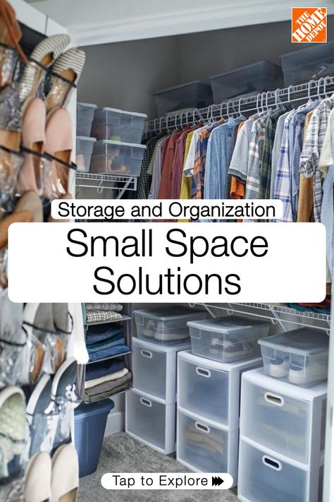 Get organized with Home Depot! Choose from a variety of storage solutions, including shelving and drawers to help you make the most out of your small space. Tap to shop all Home Depot’s small spaces storage products. Organization Small Space, Small Spaces Storage, Declutter Home, Storage Products, Clothes Organization Diy, Small Closet Organization, Small Space Organization, Small Space Storage, Small Space Solutions