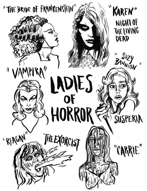 Ladies of Horror FREE Coloring Page Printout by Lacey Smith Design. The Night of the Living Dead, Bride of Frankenstein, Vampira, Susperia, The Exorcist, & Carrie are all there for your creepy Halloween coloring displeasure. Carrie White Tattoo, Scary Coloring Pages Free Printable, The Exorcist Tattoo, The Exorcist Art, Carrie Tattoo, Ladies Of Horror, Logo Design Layout, Cat Pictures To Color, Old School Horror