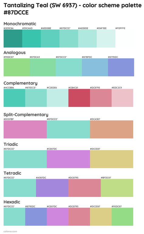 Tantalizing Teal (SW 6937) Color Scheme Palettes Tantalizing Teal, Draw A Hexagon, Turquoise Color Scheme, Wardrobe Colors, Teal Rooms, Analogous Color Scheme, Split Complementary, Split Complementary Colors, Rgb Color Wheel