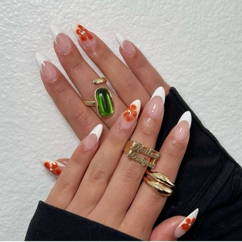 Summery French Tip Nails, White Funky Nails, French Nail With Flower, Almond Nails Colorful, Nails For Europe Trip, Funky French Nails, Almond Nails Orange, Mexican Style Nails, Europe Summer Nails