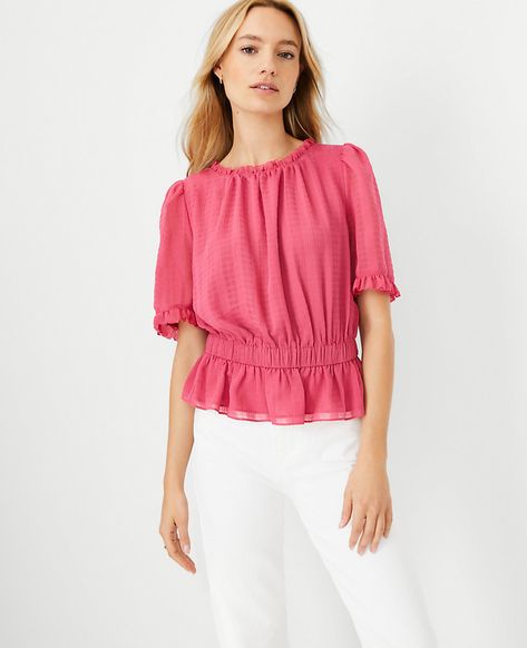 Fashion Dresses Online, Flattering Dresses, Peplum Hem, Pink Ruffle, Peplum Blouse, Beautiful Blouses, Effortless Style, Ann Taylor, Peplum Top