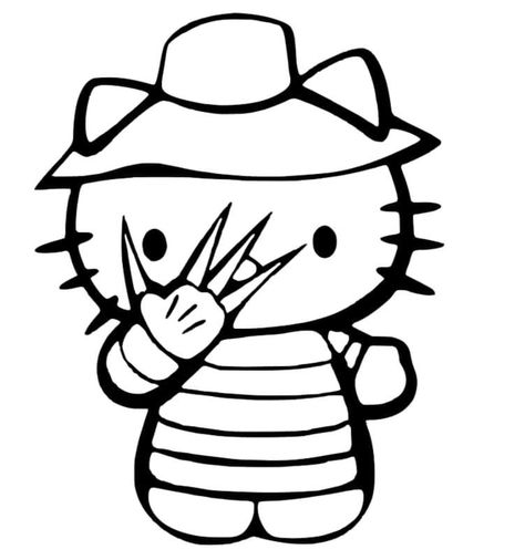 Drawings Ideas Hello Kitty, Hello Kitty Coloring Book Pages, Hello Kitty Halloween Tattoo, Spooky Easy Drawings, Hello Kitty Halloween Drawing, Halloween Hello Kitty Coloring Pages, Ghostface Coloring Page, Hello Kitty Halloween Coloring Pages, Evil Hello Kitty