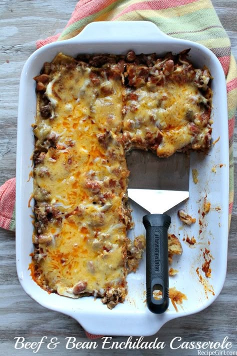 Beef and Bean Enchilada Casserole recipe from RecipeGirl.com #beef #bean #enchilada #casserole #recipe #recipegirl #easy #weeknight #dinner Bean Enchilada Casserole, Enchilada Casserole Recipes, Recipe Girl, Enchilada Casserole, Think Food, Beef Dishes, Casserole Recipe, Betty Crocker, Mexican Dishes