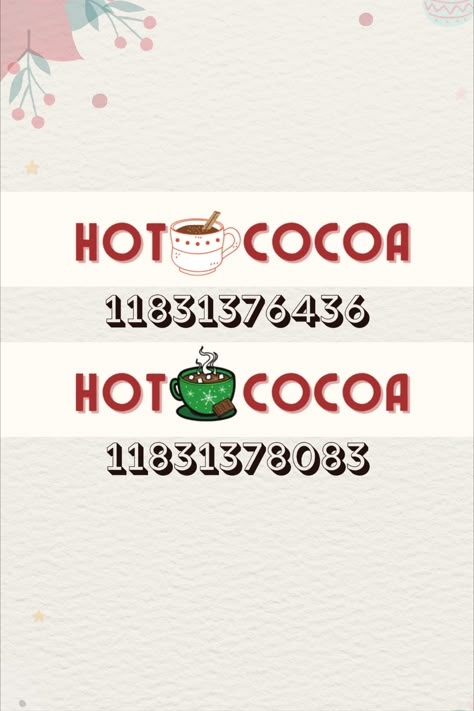 This was a request but I lost their comment and name ): Hopefully you see this! Enjoy this hot cocoa sign decal for your bloxburg cocoa stand! Any requests? Let me know through dms or comments! #roblox #bloxburg #decals #bloxburgdecals #bloxburghotcocoa #bloxburgchristmas #robloxdecals Bloxburg Hot Cocoa Stand, Bloxburg Bakery Sign Decal Codes, Bloxburg Hot Chocolate Stand, Bloxburg North Pole Layout, Bloxburg Christmas Town Ideas, Bloxburg Christmas Decor, Christmas Cafe Bloxburg, Sign Decals Bloxburg, Bloxburg Decals Codes Christmas