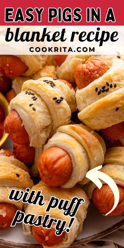 Elevate your snack game with these Pigs in a Blanket Puff Pastry! Juicy sausages wrapped in flaky, buttery puff pastry make for an irresistible treat that's perfect for parties, game days, or anytime you need a quick and delicious bite. Easy to prepare and even easier to enjoy, these puff pastry-wrapped sausages are a crowd-pleasing favorite that everyone will love! Mini Hot Dog Puff Pastry, Lil Smokies In Puff Pastry, Pig In A Blanket Puff Pastry, Puff Pastry Pigs In A Blanket Recipe, Puff Pastry Sausage Bites, Pigs In A Blanket Recipe Puff Pastry, Pigs In A Blanket Puff Pastry, Puff Pastry Pigs In A Blanket, Pillsbury Pigs In A Blanket Recipe