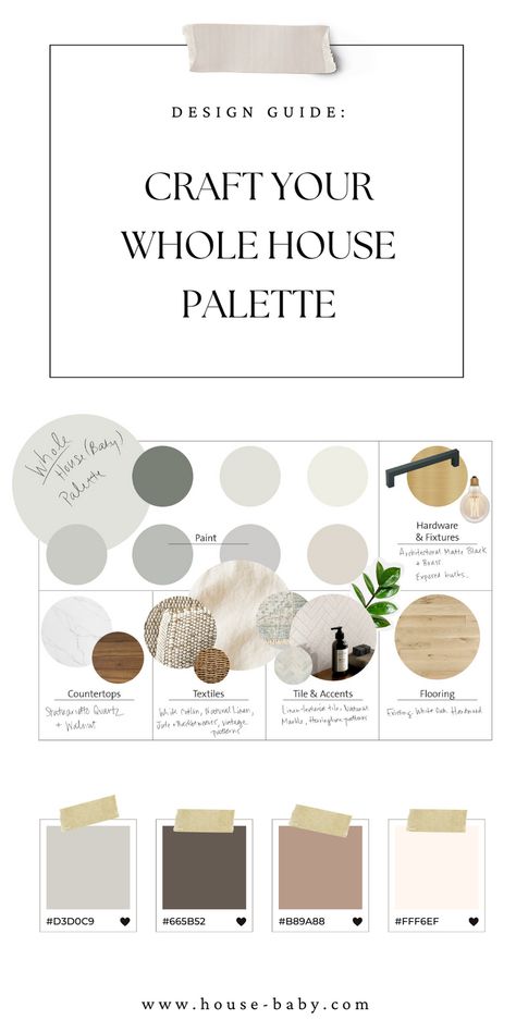 whole house paint scheme matrix with image swatches for residential paint and materials with hex code color palette numbers at bottom of pin. Apartment Paint Palette, Neutral Kitchen Palette, Whole House Aesthetic, Whole House Paint Scheme Neutral, Whole House Interior Paint Color Scheme Benjamin Moore, Modern Home Color Schemes, Paint Pallets For Home Color Schemes Benjamin Moore, Classic Home Color Palette, Modern Farmhouse Paint Palette