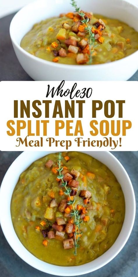 Enjoy this Whole30 Instant Pot Split Pea Soup, a plant-based and hearty meal ready in just 20 minutes! Made with tender split peas, savory vegetables, and a hint of smoky paprika for that classic flavor without any meat, this soup is perfect for anyone following a Whole30 or plant-based diet. The Instant Pot transforms simple ingredients into a creamy, comforting dish that’s ideal for meal prep or cozy dinners. Serve with a side salad for a wholesome, satisfying bowl of comfort! Instant Pot Split Pea Soup, Instant Pot Split Pea, Whole30 Instant Pot, Split Pea Soup Recipe, Pea And Ham Soup, Cozy Dinners, Split Peas, Ham Soup, Split Pea Soup