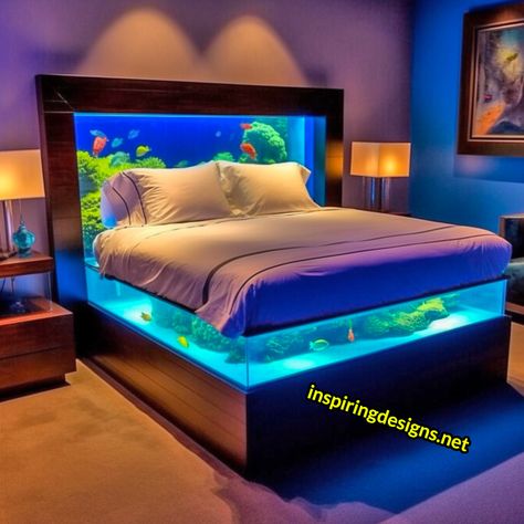 Wall Aquarium Living Rooms, Aquarium In Bedroom, Fish Tank Furniture, Cool Fish Tank Ideas, Fish Tank Bed, Aquarium Bed, Boy Beds, Aquarium House, Room Bed Design