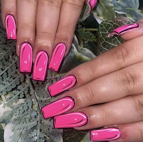 Pop Art Red Nails, Pink Cartoon Nails, Long Hot Pink Acrylic Nails Art Designs, Pink Pop Art Nails, Pink Comic Nails, Cartoon Pop Art Nails, Neon Pink Flame Nails, Neon Pink Abstract Nails, Cartoon Nail Designs