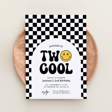 $1.98 | Two Cool Checker Happy Face 2nd Birthday - two cool, 2nd birthday, retro birthday, boy birthday, skateboard birthday, checker birthday, two cool checker birthday, black and white checkers, skater boy birthday, happy face Birthday Black And White, Two Cool Birthday, Skateboard Birthday, Two Cool, 2nd Birthday Invitations, Retro Birthday, Skater Boy, Birthday Happy, Birthday Treats