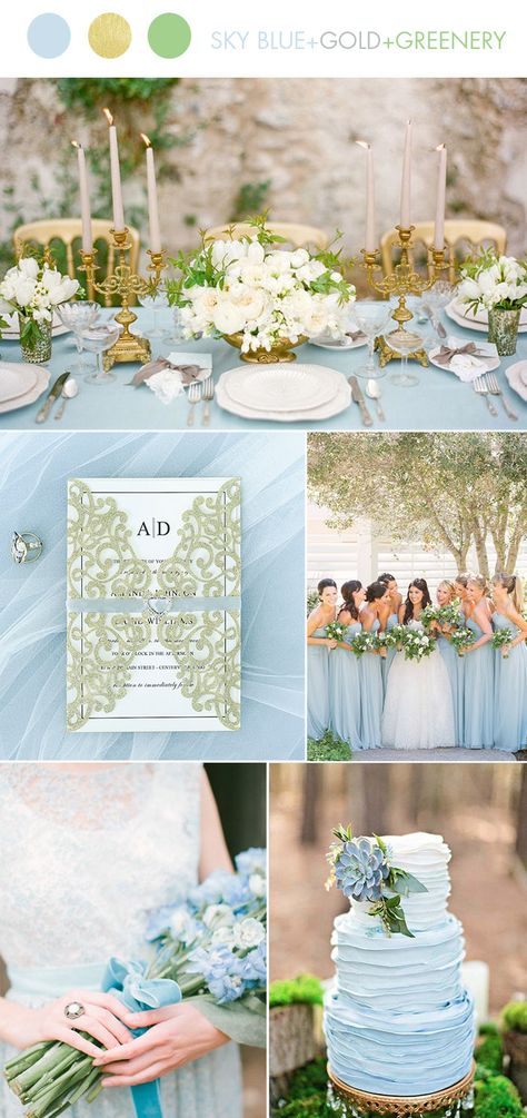 Sky Blue Gold Spring and Summer Wedding Colors with Matching Invitation Ideas Sky Blue And Champagne Wedding, Sky Blue Beach Wedding, Sky Blue And Gold Color Palette, Sky Blue And Gold Wedding Theme, Sky Blue Wedding Palette, Seafoam And Sky Blue Wedding, Sky Blue Wedding Decorations, Sky Blue Wedding Theme Color Schemes, Sky Blue And Gold Wedding