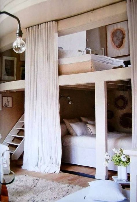 Sophisticated Loft Bunk Beds with privacy curtains & lighting. Modern Bunk Beds, Bunk Rooms, Hidden Bed, Bunk Room, Bunk Bed, Dream Rooms, Dream Bedroom, My New Room, Home Fashion