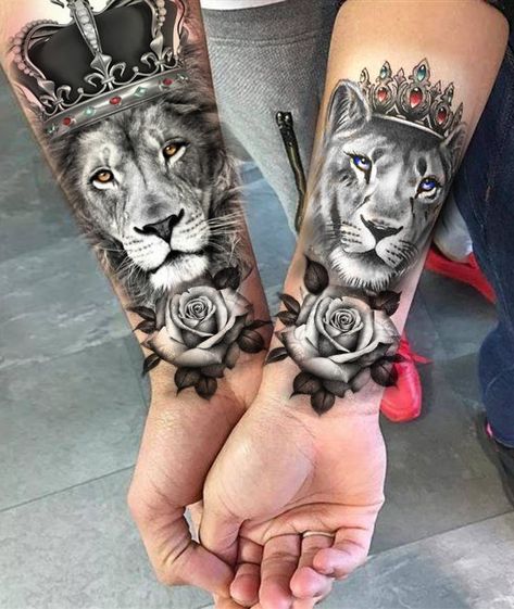 Lion And Lioness Tattoo, Crown Tattoo Men, Lion Forearm Tattoos, Him And Her Tattoos, Best Couple Tattoos, Lioness Tattoo, Lion Tattoo Sleeves, Cute Couple Tattoos, Mens Lion Tattoo