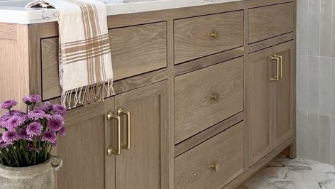 The Perfect Stain For Our White Oak Vanities  — designwithbernice Kitchen Cabinet Stain Colors, White Oak Stain, Cabinet Stain Colors, White Oak Kitchen Cabinets, Weathered Oak Stain, White Oak Kitchen, Oak Bathroom Vanity, Staining Cabinets, Oak Kitchen Cabinets