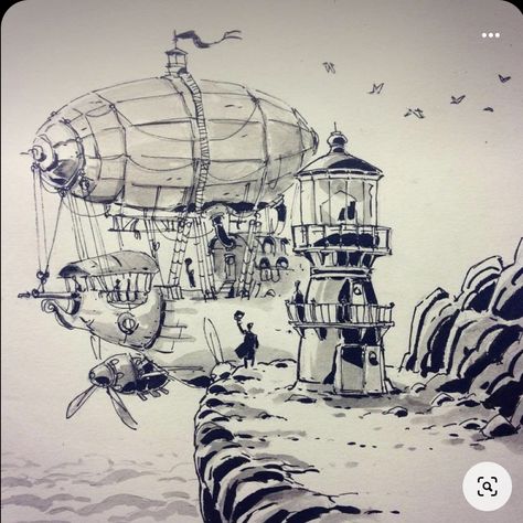 Flying Ships, Fantasy Artwork Landscape, Fantasy Drawings, My Imagination, Ink Drawings, Arte Sketchbook, Steampunk Art, Ink Illustrations, Pen Art