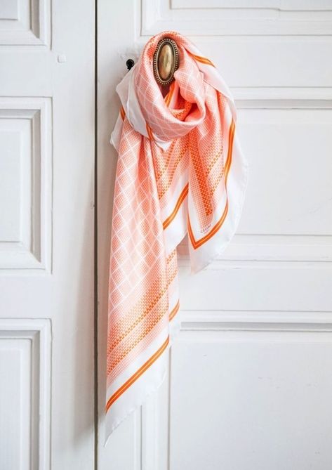 Peach Color Combinations — Eat Well 101 Scarf Photography Ideas Products, Scarf Product Photography, Peach Colour Combinations, Scarf Photography, Coral Scarf, Scarf Display, Silk Scarf Design, Fabric Photography, Perfect Peach