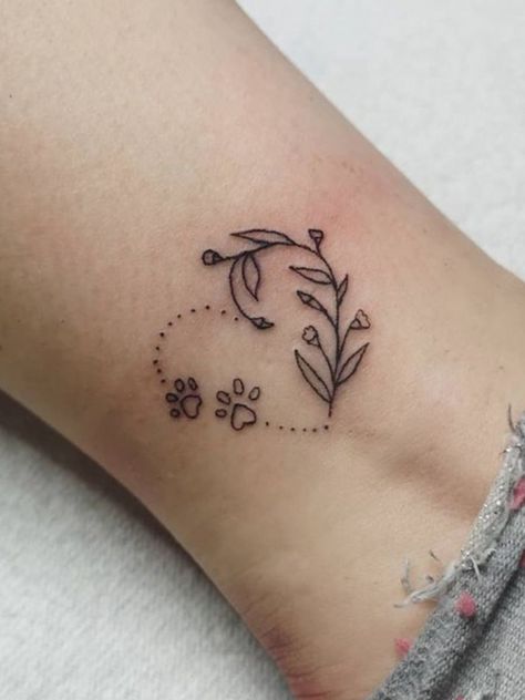 Simple Tattoos For Dogs That Passed, Unique Dog Tattoo Ideas For Women, Dog Tribute Tattoo Small Flower, Butterfly Dog Tattoo, Fine Line Dog Paw Print Tattoo, Tattoo Ideas For Passed Dogs, Paw Tattoo Ankle, 2 Dog Tattoo Ideas, Animal Lover Tattoo Ideas