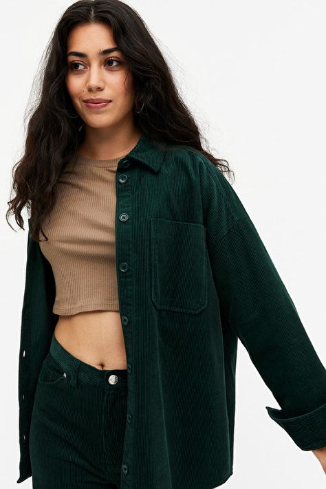 Dark Green Shirt, Different World, Corduroy Shirt, A Different World, Classy Dress Outfits, Wardrobe Outfits, Tie Front Blouse, Crop Top Outfits, Striped Long Sleeve Shirt