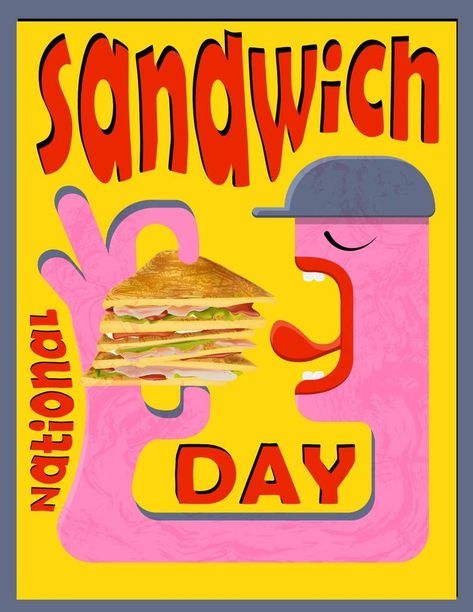 Cool fast food poster. National Sandwich Day. Trendy style banner Day of the Sandwich Sandwich Design Ideas, Sandwich Graphic Design, Sandwich Poster Design, Sandwiches Illustration, Sandwich Character, Sandwich Poster, Sandwich Logo, Restaurant Ads, Fast Food Poster