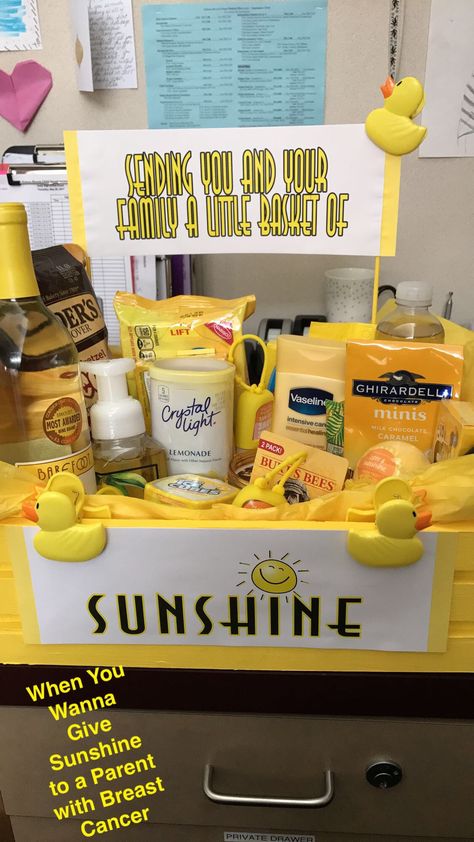 Basket Of Sunshine Ideas, Yellow Themed Gifts, Sunshine Basket, Basket Of Sunshine, Big Lil Gifts, Sympathy Basket, Creative Date Night Ideas, Trick Quote, Box Of Sunshine