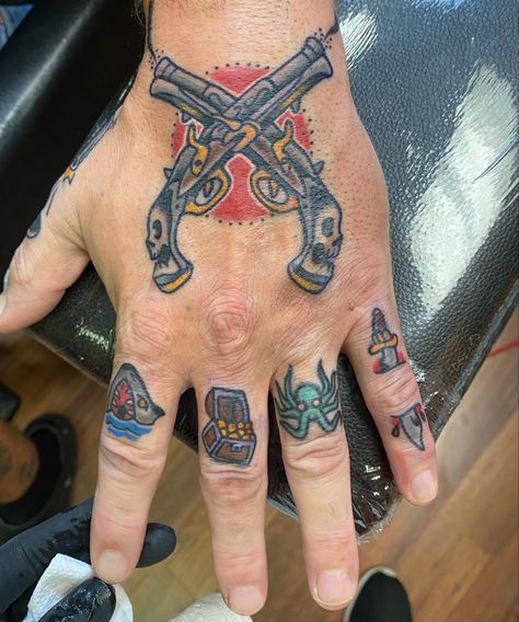 Pirate Theme Hand Tattoo Pirate Hand Tattoo, Pirate Themed Tattoos, Pirate Tattoos, Nautical Tattoos, Wrist Band Tattoo, Pirate Tattoo, Type Tattoo, Nautical Tattoo, Hand Tattoos For Guys