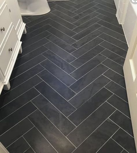 Brazillian Black 6x24 Black Slate Floor, Black Slate Tiles, Bathroom Remodel Small Budget, Bathroom Remodel Small Diy, Herringbone Tile Floors, Small Shower Remodel, Black Tile, Slate Flooring, Herringbone Floor