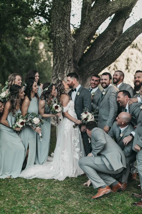 Sage Green Bride And Groom, Dusty Rose And Sage Green Wedding Party Attire, Sage Green And Champagne Wedding Groomsmen, Groomsman Attire Sage Green, Green Theme Wedding Party, Groom Greenery Wedding, Sage Green Bridesmaid With Groomsmen, Groomsmen Attire With Sage Green Bridesmaids, Eucalyptus Wedding Groom Suit