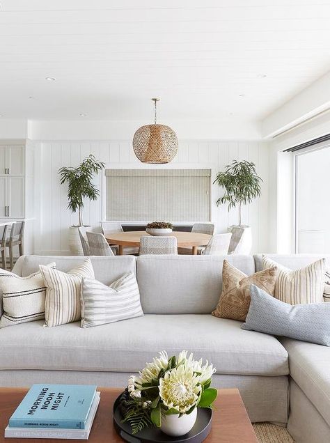 Light Gray Linen Sectional with Striped Pillows - Cottage - Living Room Salt Interiors, Ikea Deco, Pure Salt Interiors, Light Gray Sofas, Grey Sofa Living Room, Pure Salt, Cottage Living Rooms, Transitional Living Rooms, Living Room Inspo