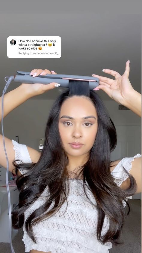 cynthiadhimdishair on Instagram: Styling curtain bangs with a straightener💕 You can also add a roller over it and let it sit for a few minutes for extra volume.… How To Create Curtain Bangs, Bangs With Straightener, Style Curtain Bangs With Straightener, Styling Curtain Bangs, Perfect Bangs, Bangs Tutorial, Romantic Updo, New Template, Fun Hair