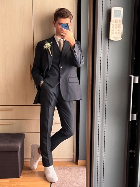 3 Piece Suit - Galliardi • Tie - Next • Shoes - Nike Neighbourhood Air Force 1 Suit For Graduation Men, Graduation Suit Men, Graduation Suit, Graduation Shoes, Next Shoes, Prom Outfits, Graduation Pictures, Air Force Ones, Prom Night