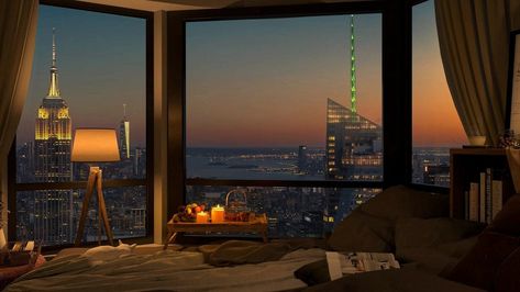 Nyc Apartment Aesthetic Night, Night Time Bedroom, New York Apartment View, Nyc Apartment View, Luxury New York Apartment, Penthouse Apartment Aesthetic, New York Apartment Aesthetic, Nyc Apartment Aesthetic, Luxury Nyc Apartment