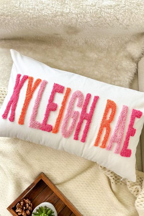 Personalized Baby Girl Room Name Pillow Cover, Baby Girl Nursery Pillow, Punch Needle, Girl Kid Gift, Dorm Gift, Graduation Gift - Etsy Cute Preppy Pillows, Preppy Decor Bedroom, Preppy Throw Pillows, Preppy Bedding, Preppy Pillows, Pink Dorm Rooms, College Dorm Room Inspiration, Dorm Gift, Pink Dorm