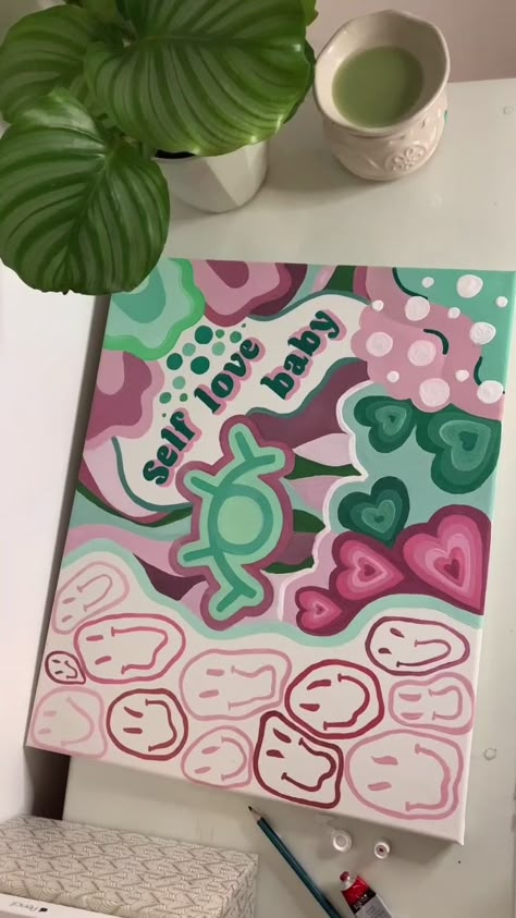 Painting Ideas On Canvas Aesthetic Pink And Green, Pink And Green Canvas Art, Tiktok Painting Ideas On Canvas, Cute Stuff To Paint Easy Aesthetic, Painting Ideas Tiktok, Aesthetic Things To Paint, Painting Ideas Green, Green Painting Ideas, Pink And Green Painting