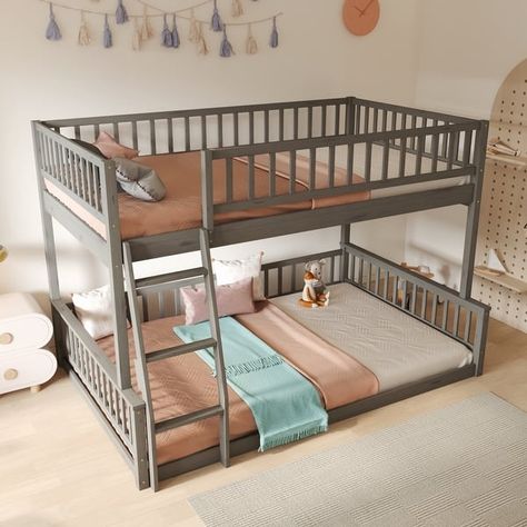 Solid Pine Wood Full XL Over Queen Bunk Bed with Ladder and Guardrails, Can be Divided Into 2 Separate Beds - On Sale - Bed Bath & Beyond - 40608100 Queen Bunk Bed, Kids Bed Furniture, Bunk Beds Boys, Bed Bunk, Queen Bunk Beds, Bed With Ladder, Low Bunk Beds, Wooden Bunk Beds, Wood Bunk Beds